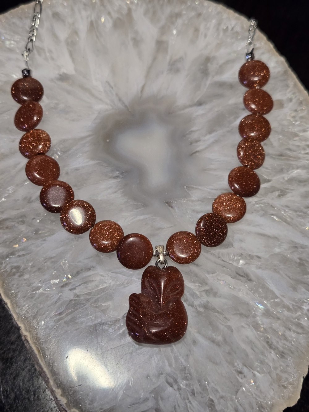 Goldstone Fox Pendant Beaded Necklace